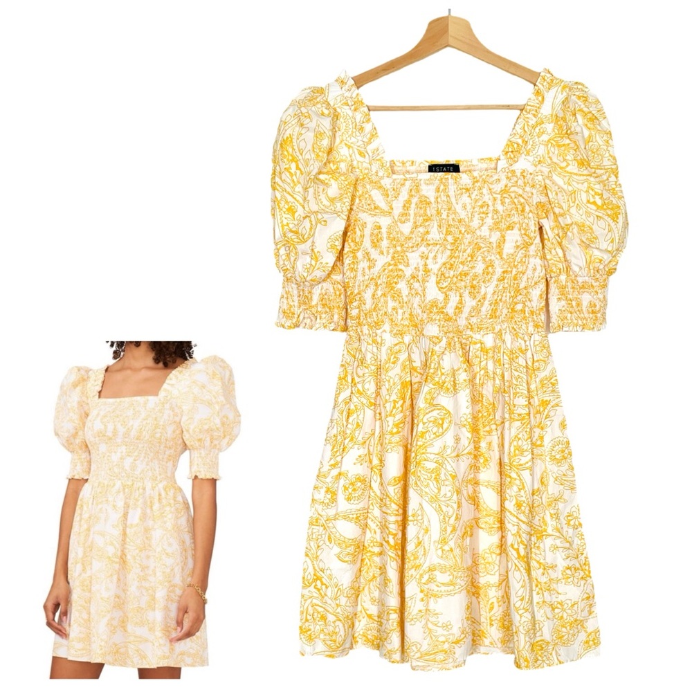 1. STATE Bodice Dress Womens Small Yellow Floral Smocked Puff Sleeve Cottagecore